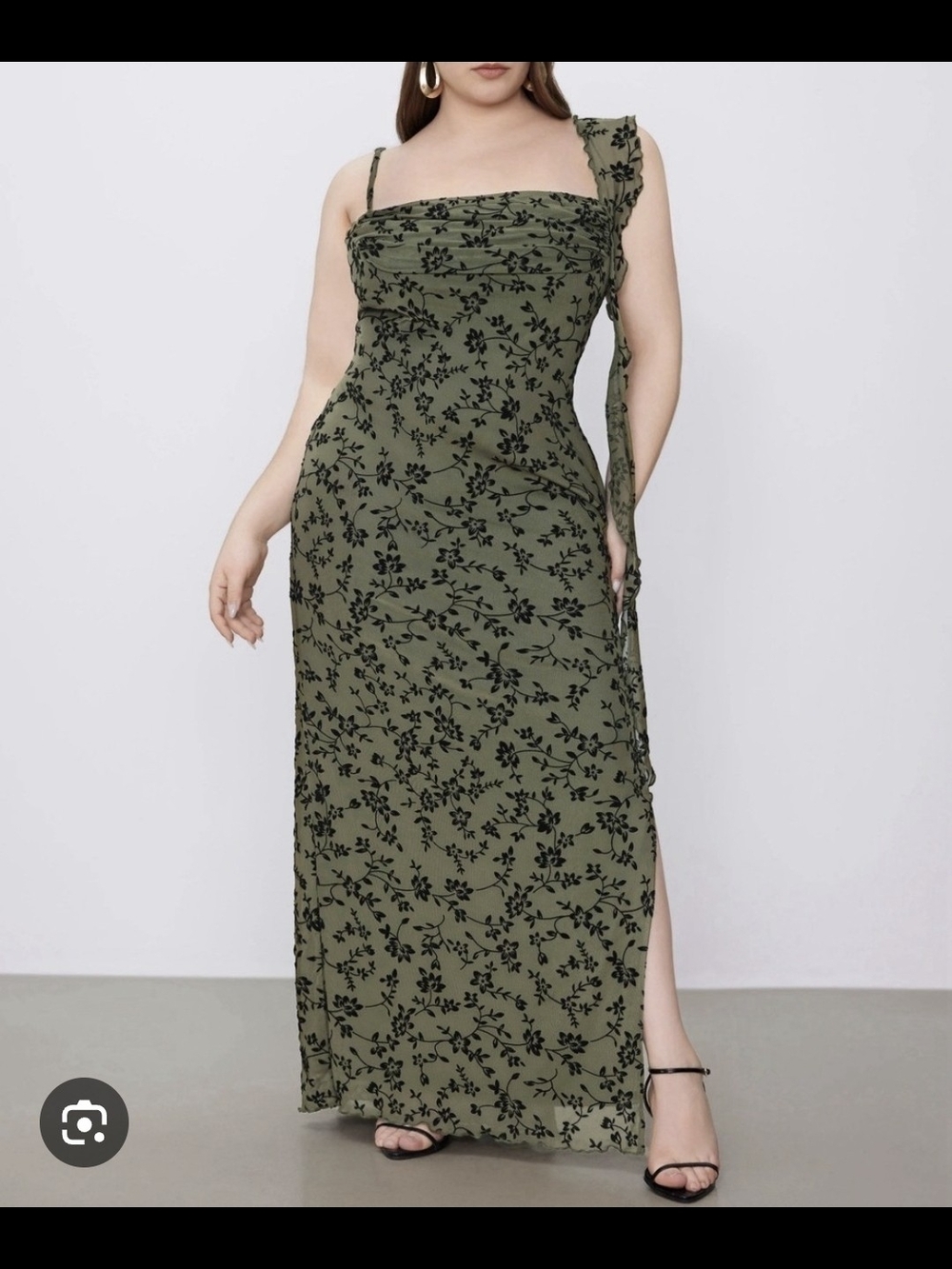 Cider Olive Green One-Shoulder Floral Maxi Dress with Black Print